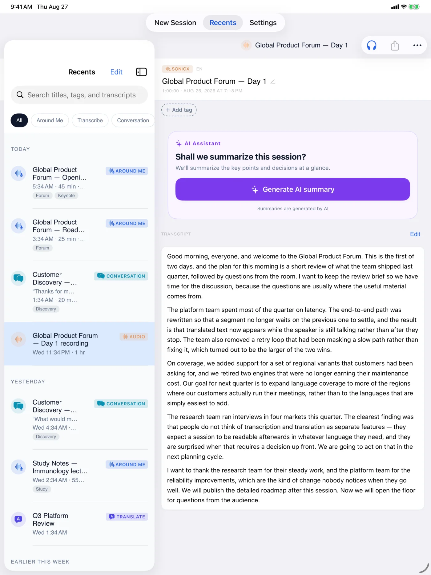 iPad showing a completed transcript of an imported recording, with the AI summary card above it