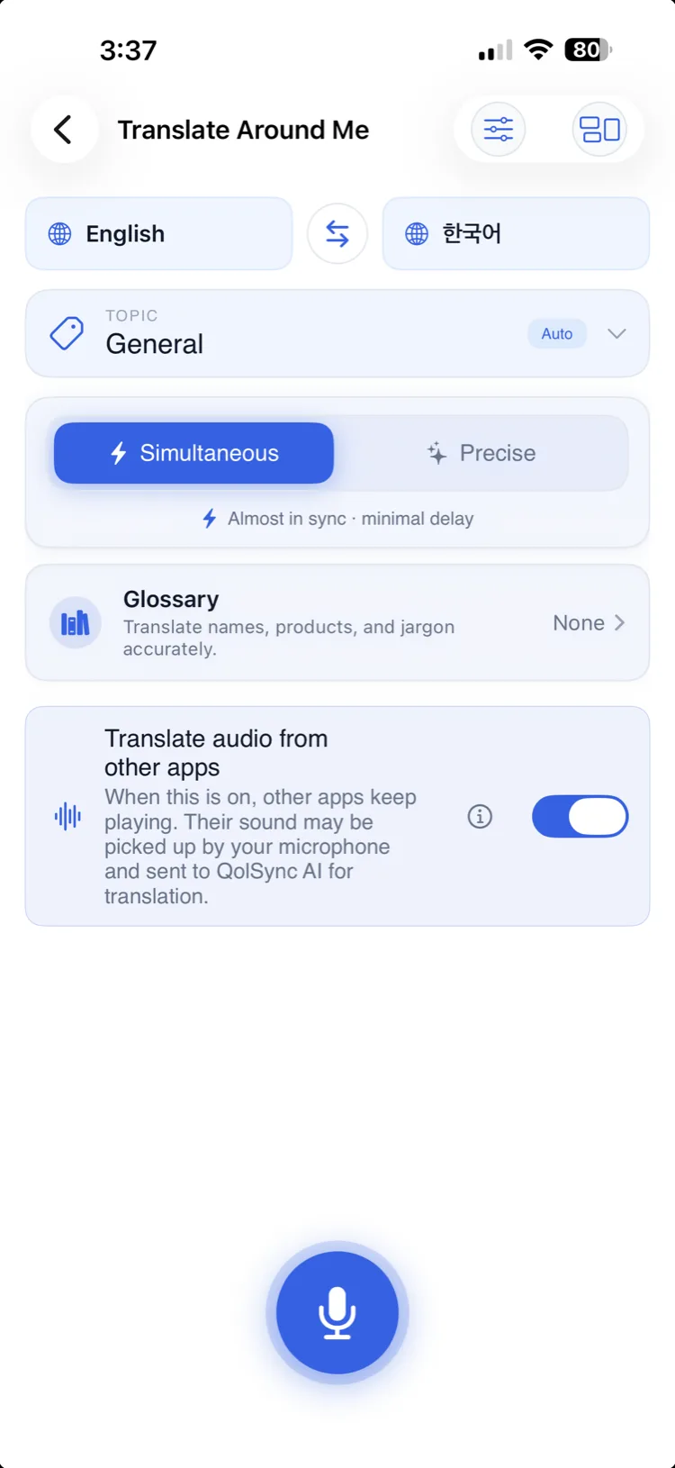 Translate Around Me setup screen with English and Korean selected, a topic chip, and the Simultaneous speed option