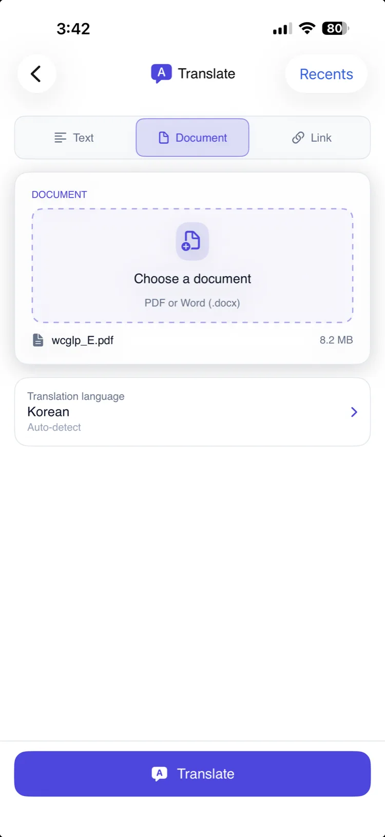Translate screen on iPhone with the Document tab selected, a chosen PDF, and Korean as the translation language