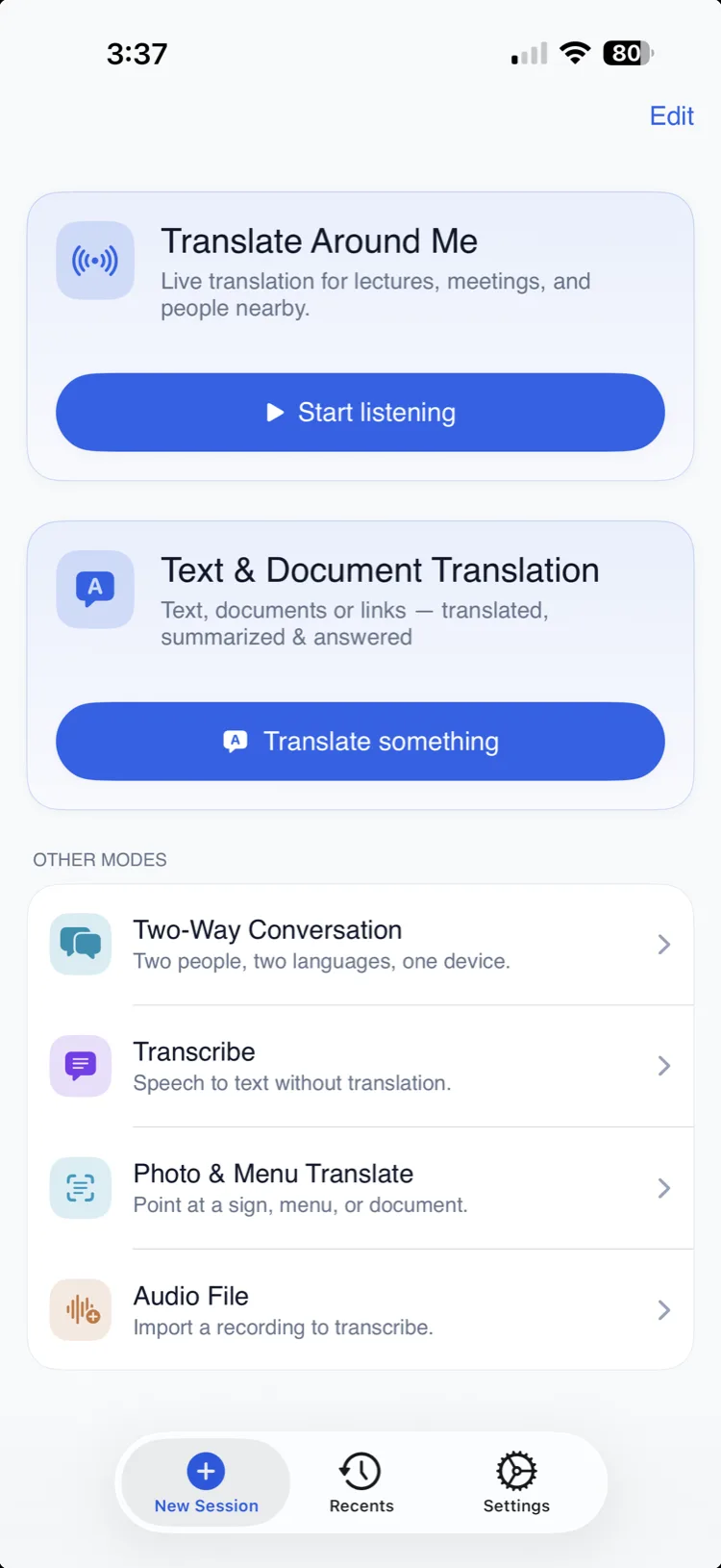 QolSync AI New Session screen on iPhone, choosing a translation mode