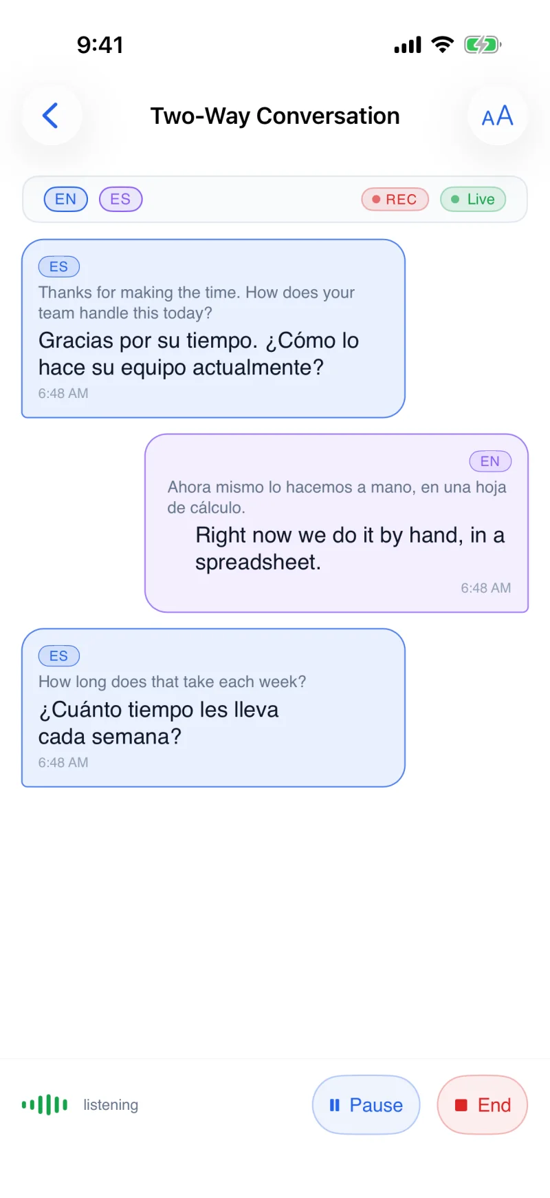 iPhone showing a two-way conversation: Spanish and English turns on opposite sides, with a live recording indicator
